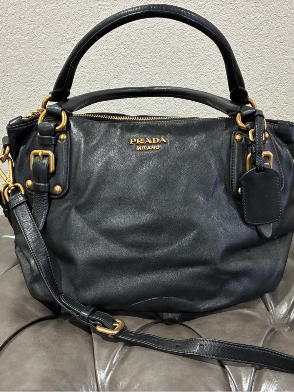 Prada Black Leather Shoulder Bag with Gold Hardware